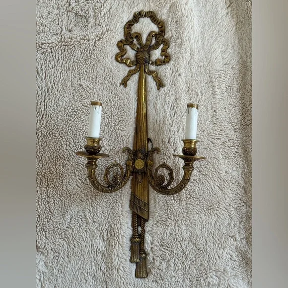 Vintage Louis xvi ribbon bow gold gilded double arm electric candle wall sconce